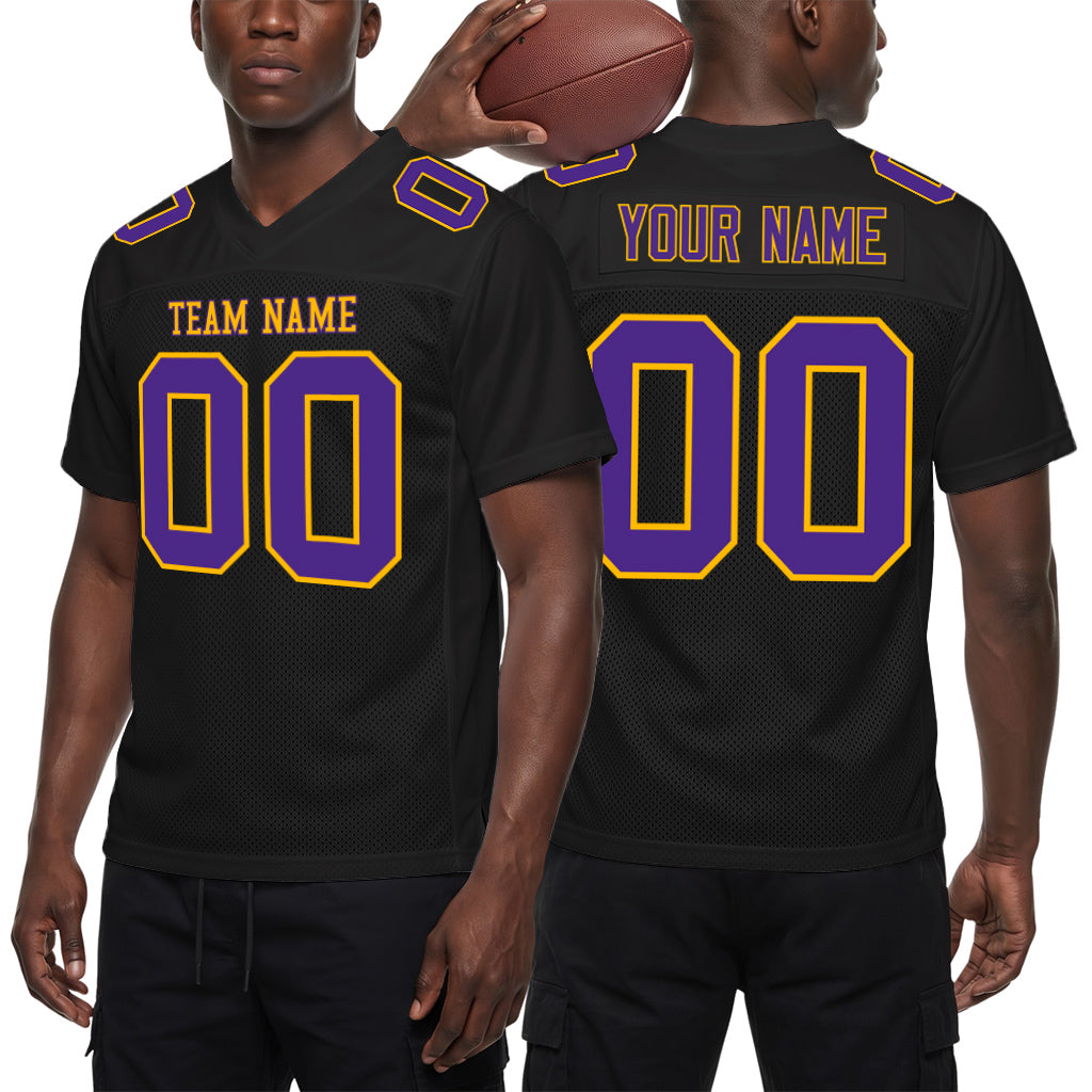 Custom Black Purple-Gold Mesh Football Jersey