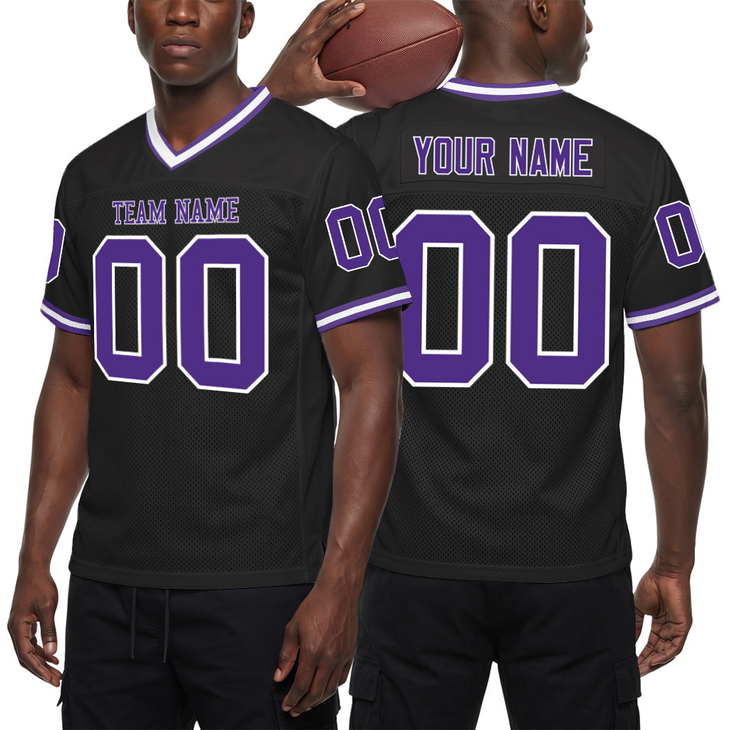 Custom Black Purple-White Mesh Football Jersey