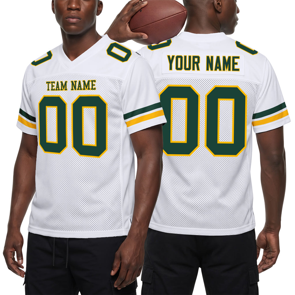 Custom White Green-Gold Mesh Football Jersey