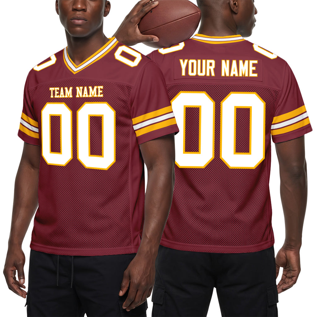Custom Burgundy White-Gold Mesh Football Jersey