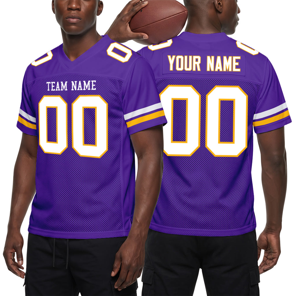 Custom Purple White-Gold Mesh Football Jersey