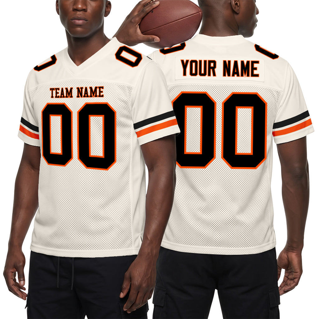 Custom Cream Black-Orange Mesh Football Jersey
