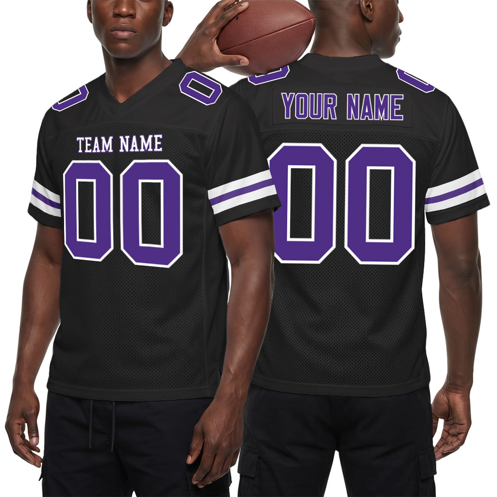 Custom Black Purple-White Mesh Football Jersey