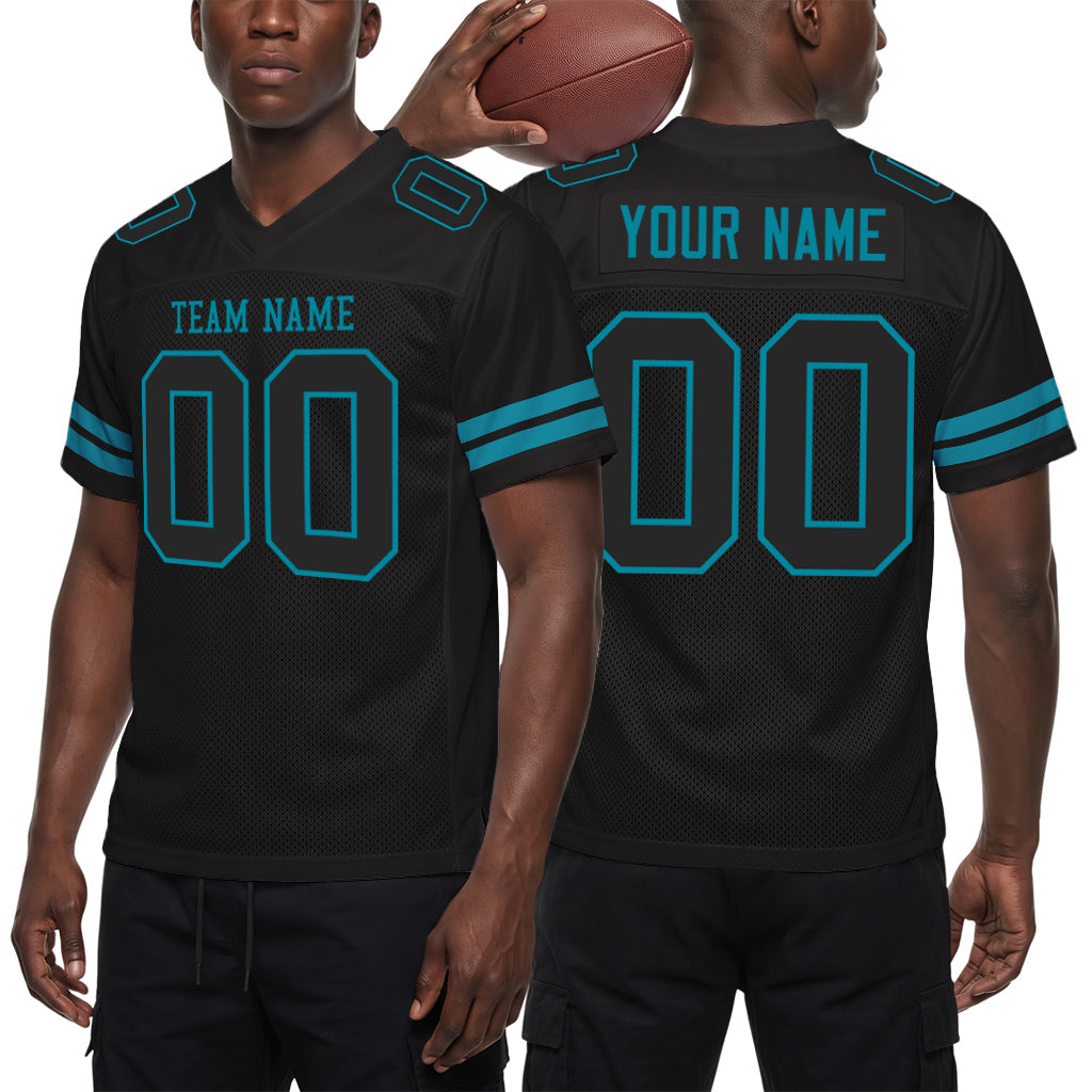 Custom Black Black-Teal Mesh Football Jersey