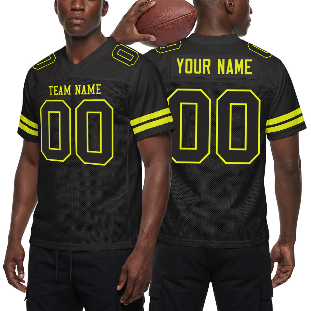 Custom Black Neon Yellow Mesh Football Jersey