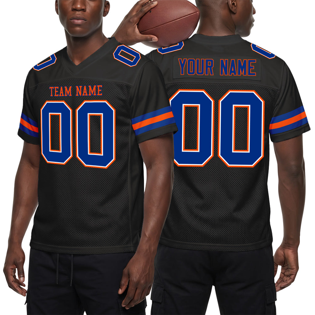 Custom Black Royal-Orange Mesh Football Jersey
