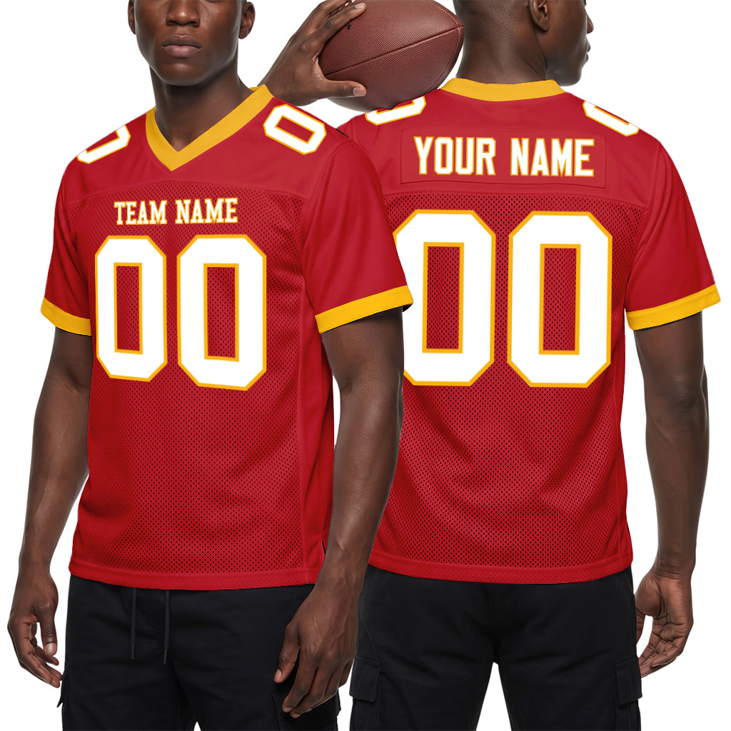 Custom Red White-Gold Mesh Football Jersey