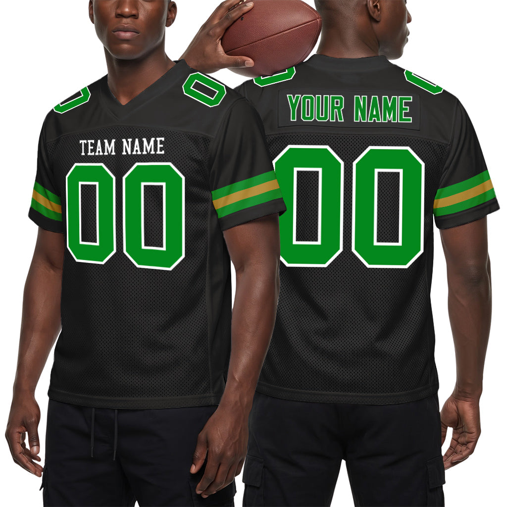 Custom Black Grass Green-Old Gold Mesh Football Jersey