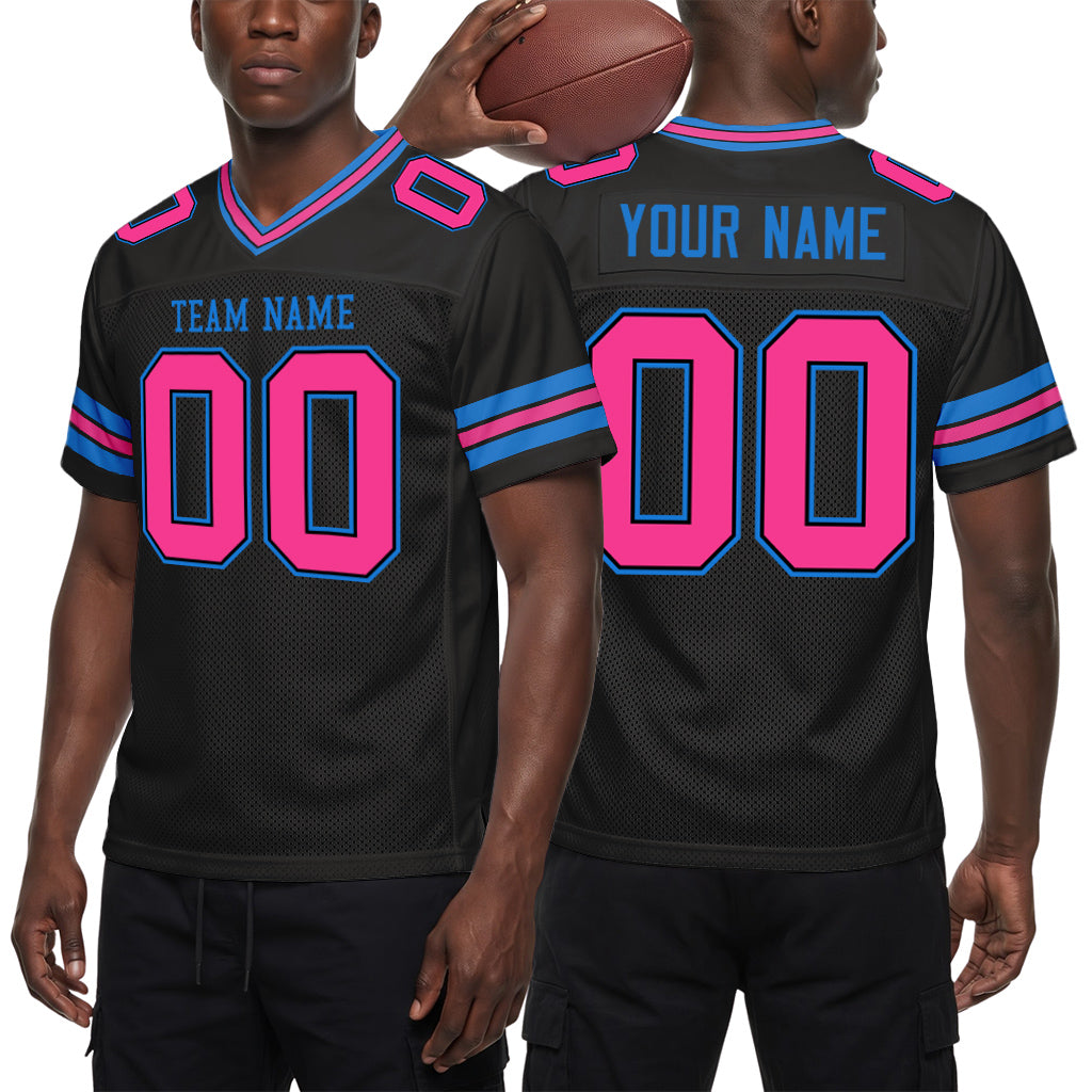 Custom Black Pink-Electric Blue Mesh Football Jersey