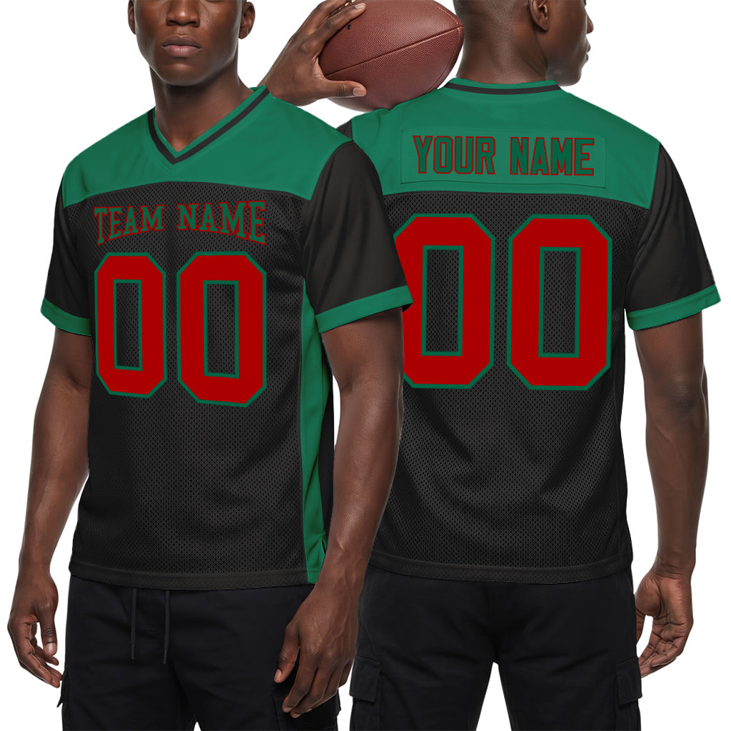 Custom Black Red-Kelly Green Mesh Football Jersey