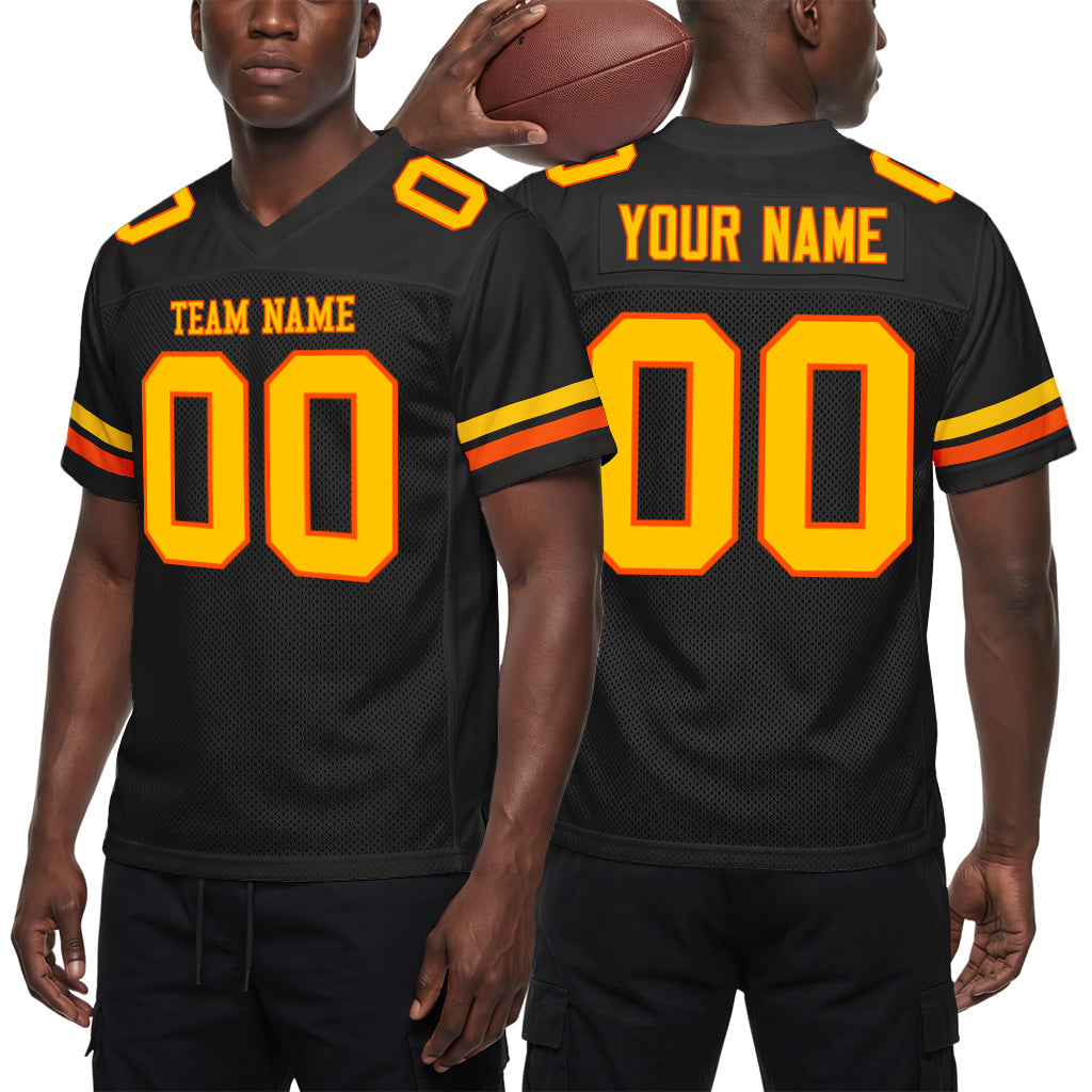 Custom Black Yellow-Orange Mesh Football Jersey