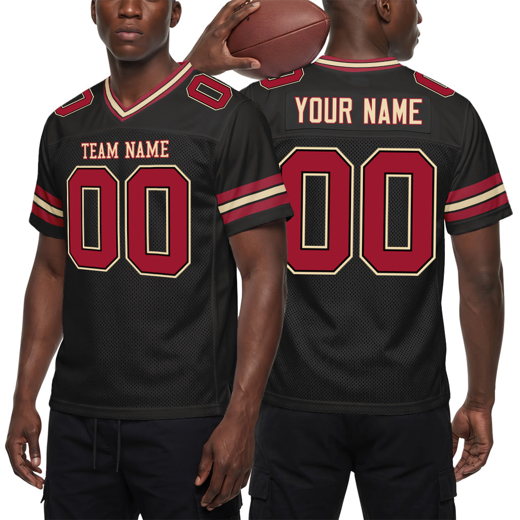 Custom Black Crimson-City Cream Mesh Football Jersey