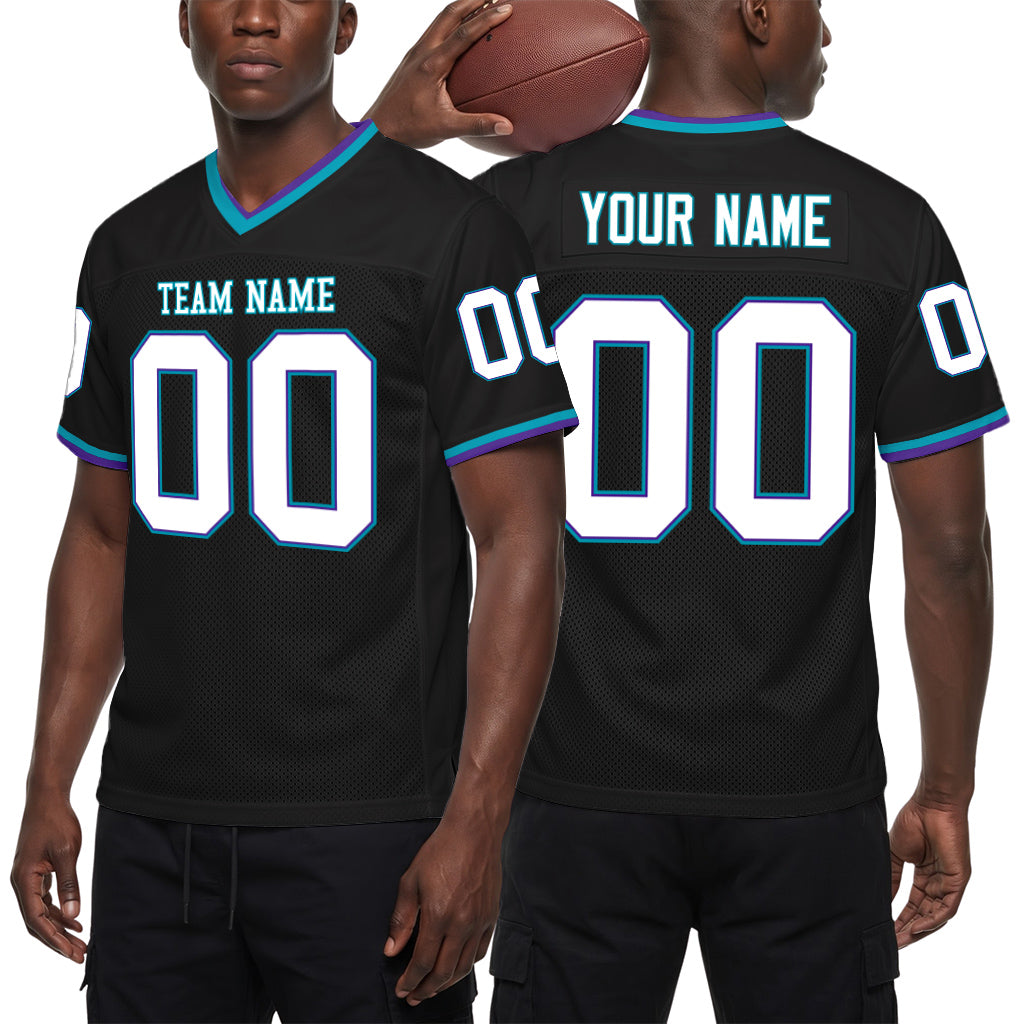 Custom Black Purple-Teal Mesh Football Jersey