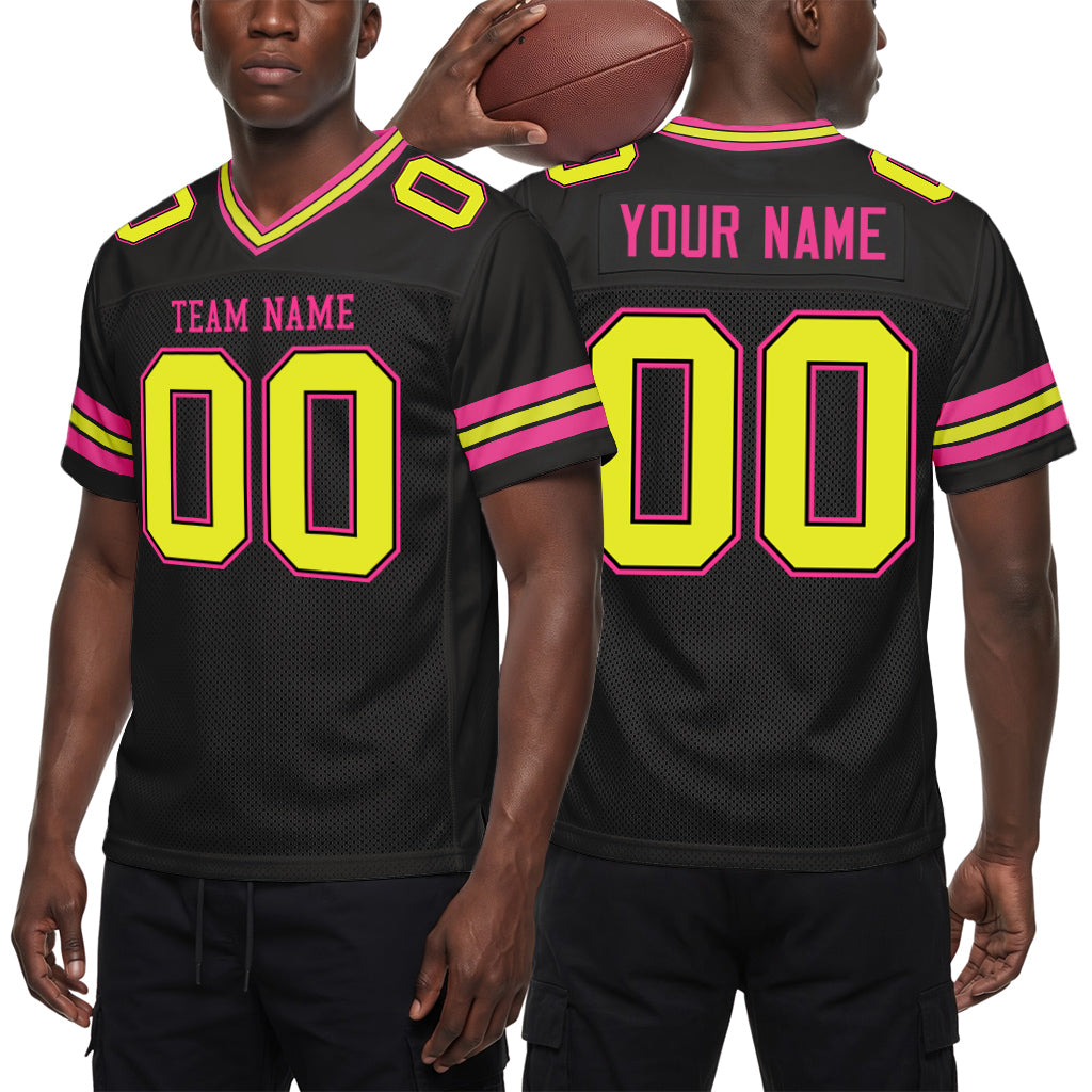 Custom Black Neon Yellow-Pink Mesh Football Jersey