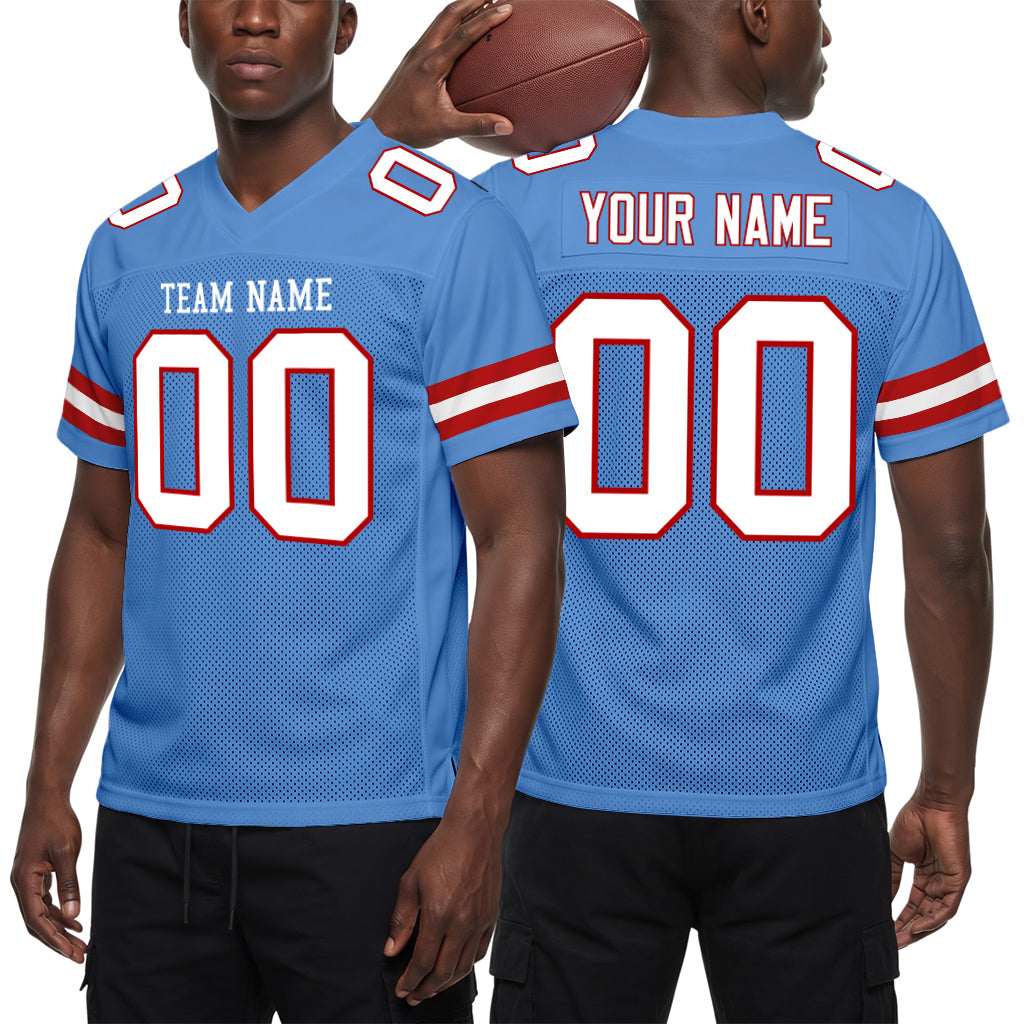 Custom Light Blue White-Red Mesh Football Jersey