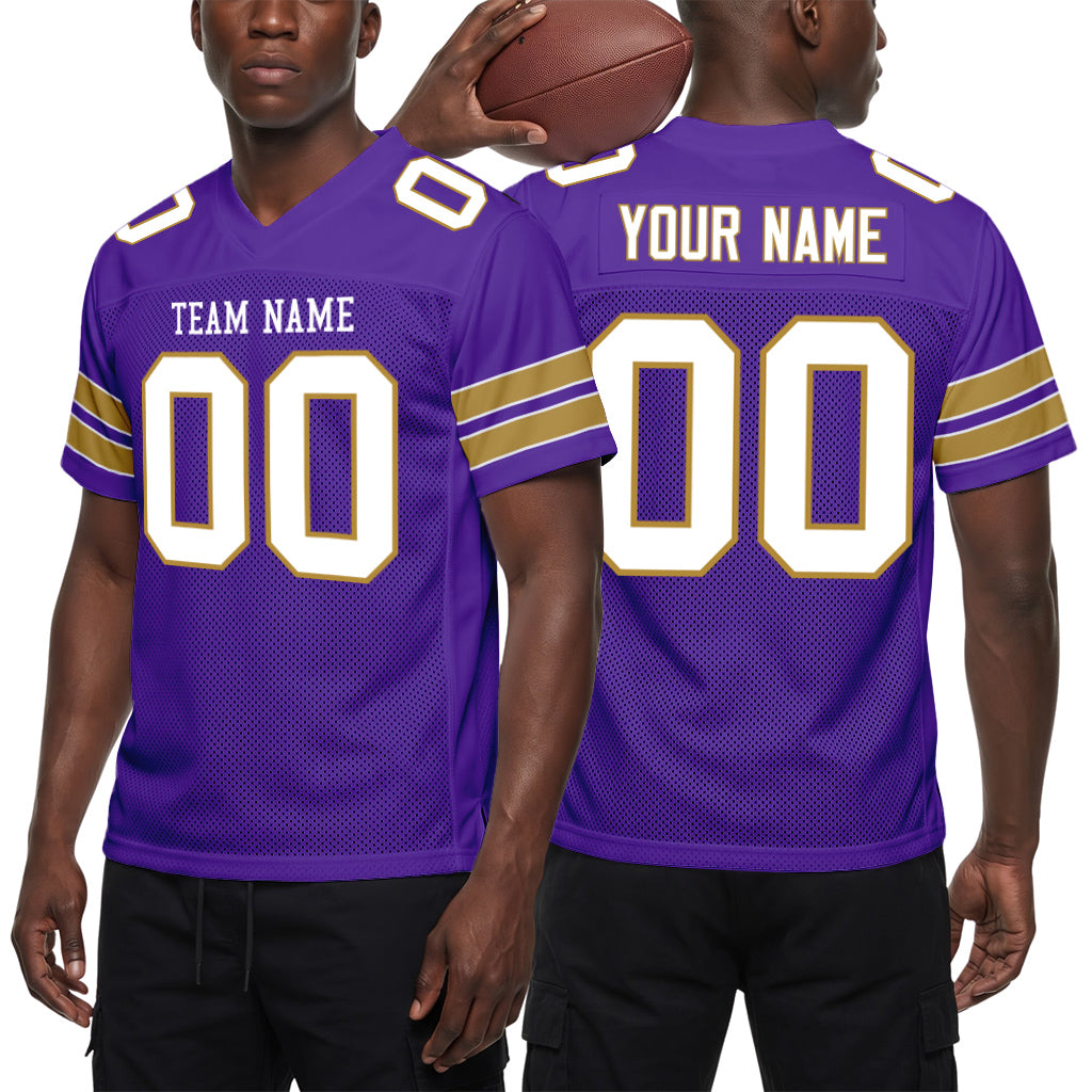 Custom Purple White-Old Gold Mesh Football Jersey