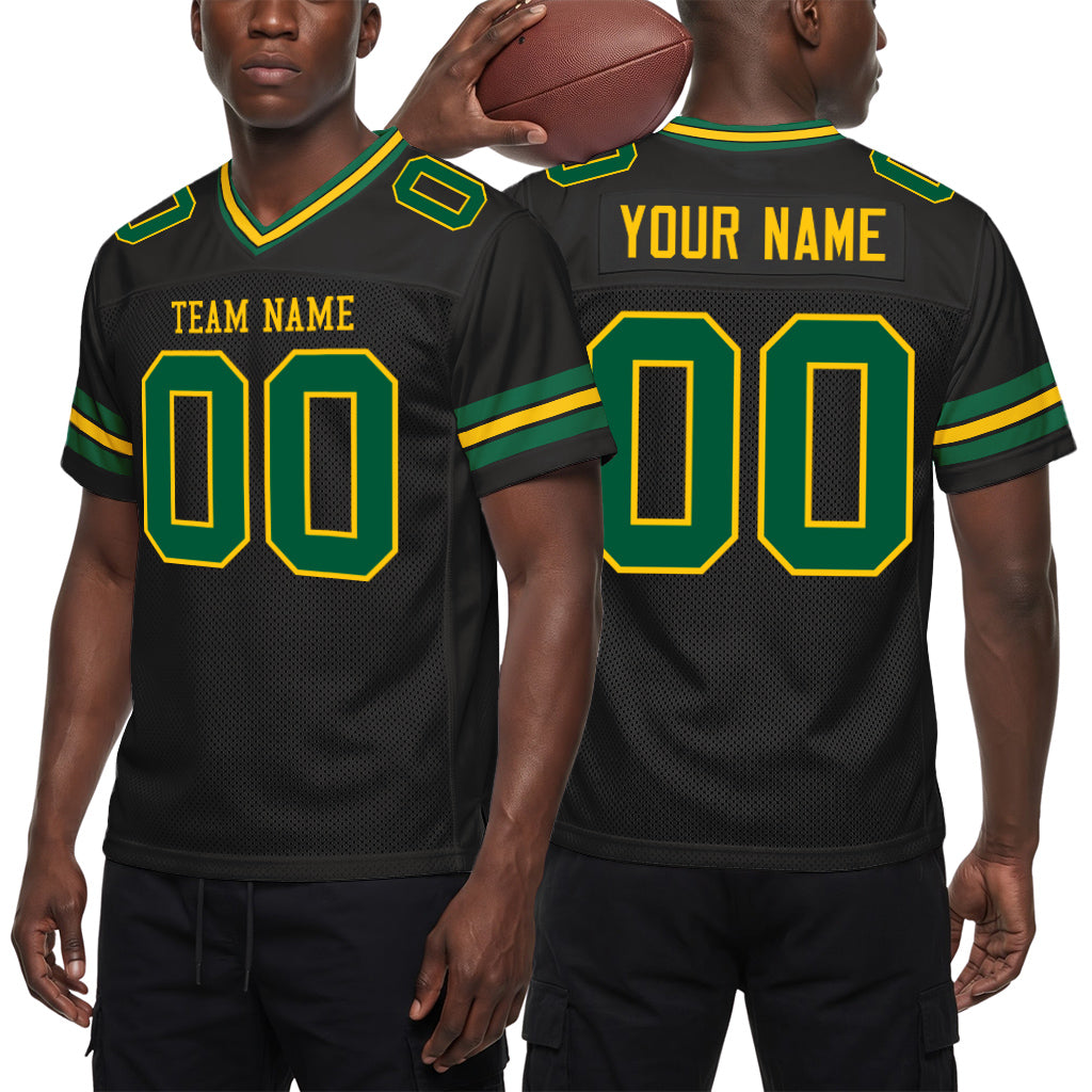 Custom Black Kelly Green-Gold Mesh Football Jersey