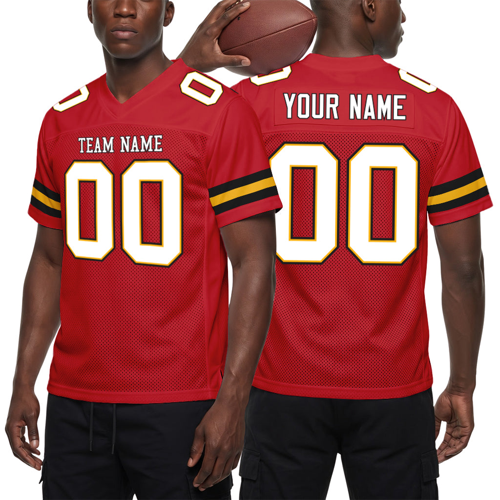 Custom Red White-Gold Mesh Football Jersey