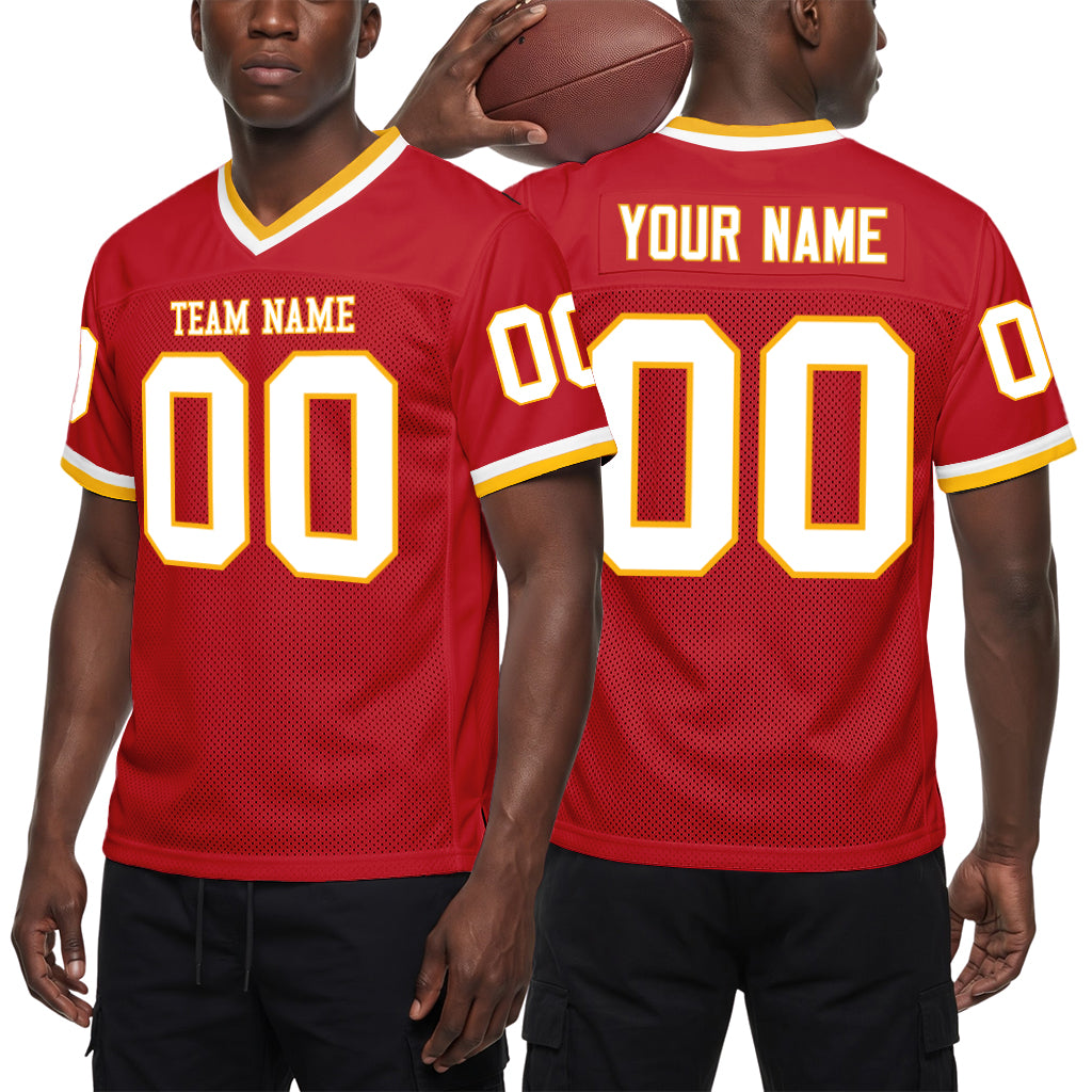 Custom Red White-Gold Mesh Football Jersey