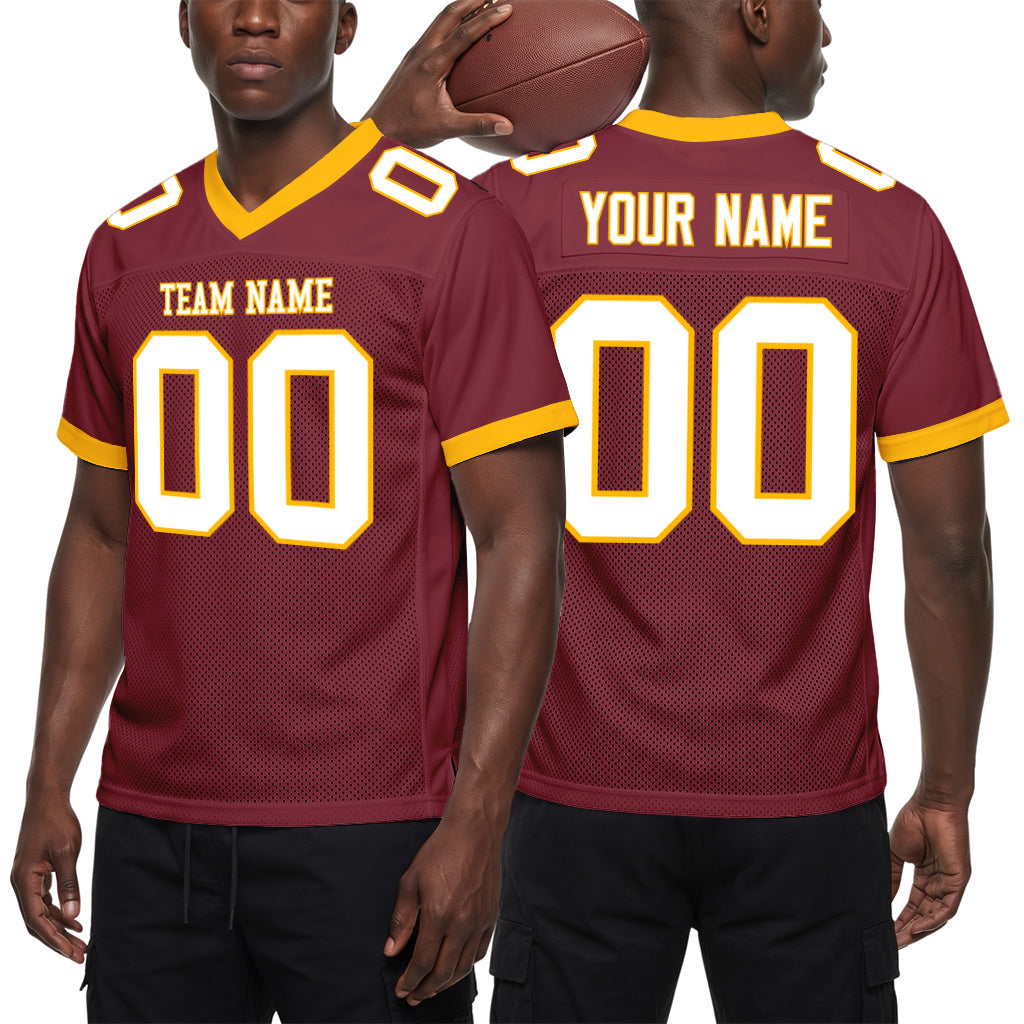 Custom Burgundy White-Gold Mesh Football Jersey