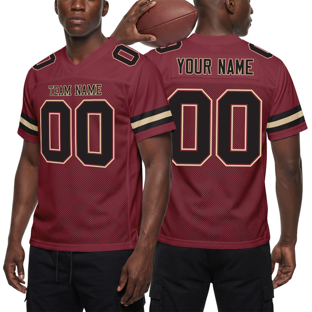 Burgundy Black-Cream Mesh Custom Football Jerseys For Men & Women