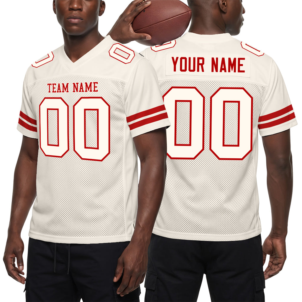 Custom Cream Cream-Red Mesh Football Jersey