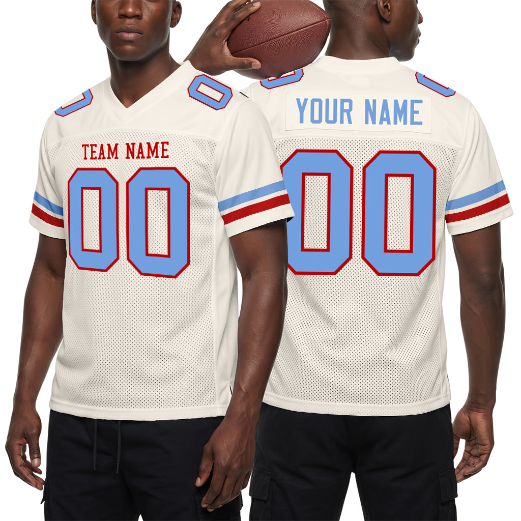 Custom Cream Light Blue-Red Mesh Football Jersey