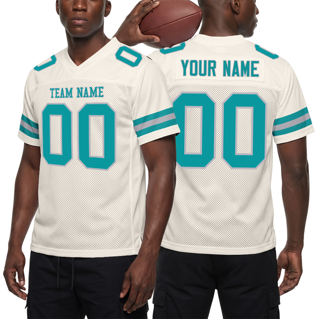 Custom Cream Teal-Gray Mesh Football Jersey