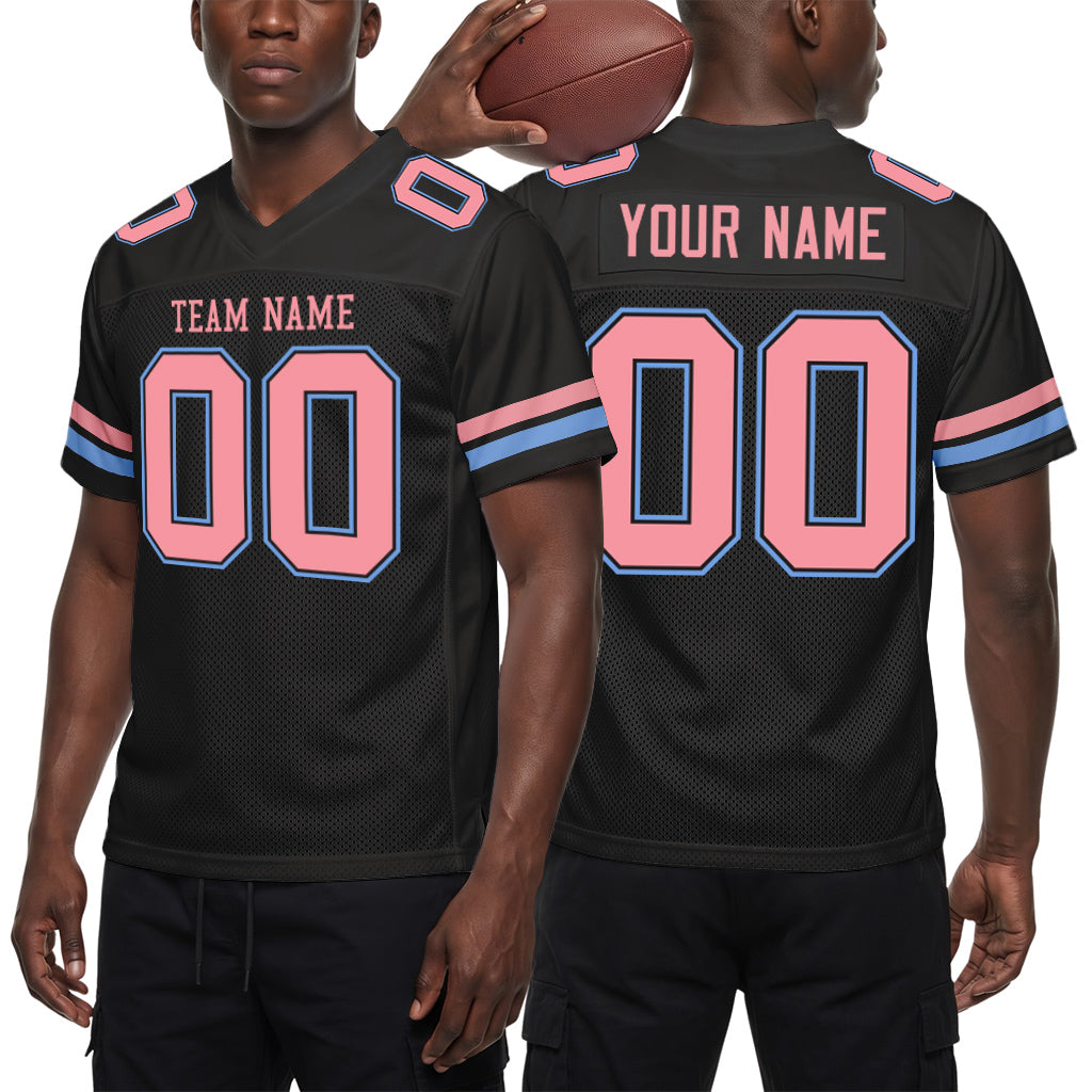 Custom Black Medium Pink-Light Blue Mesh Football Jersey