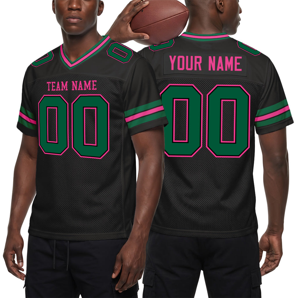 Custom Black Kelly Green-Pink Mesh Football Jersey