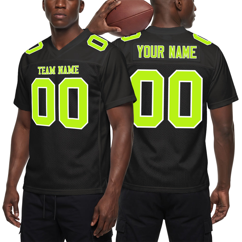 Custom Black Neon Green-White Custom Name Mesh Football Jersey
