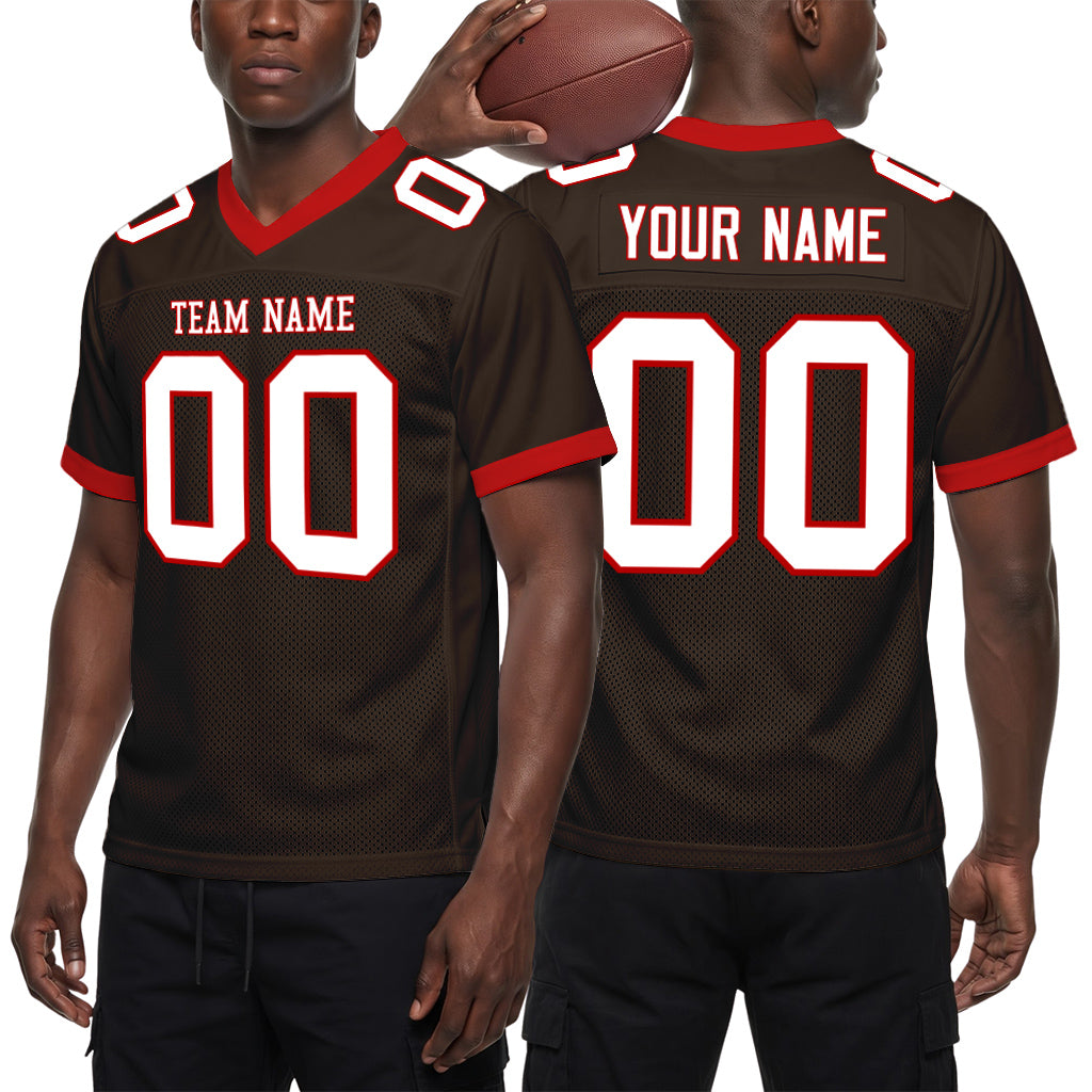 Custom Brown White-Red Mesh Football Jersey