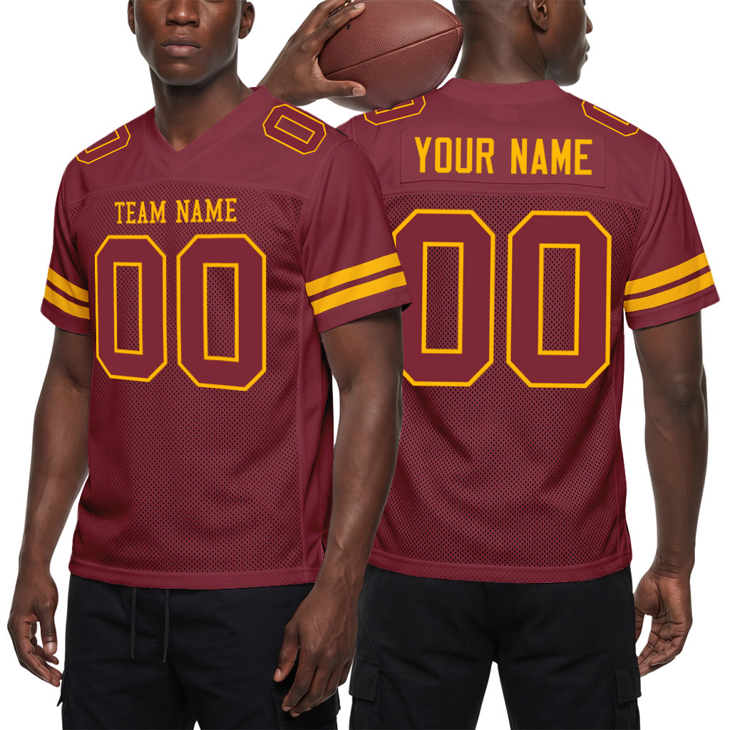 Custom Burgundy Burgundy-Gold Mesh Football Jersey