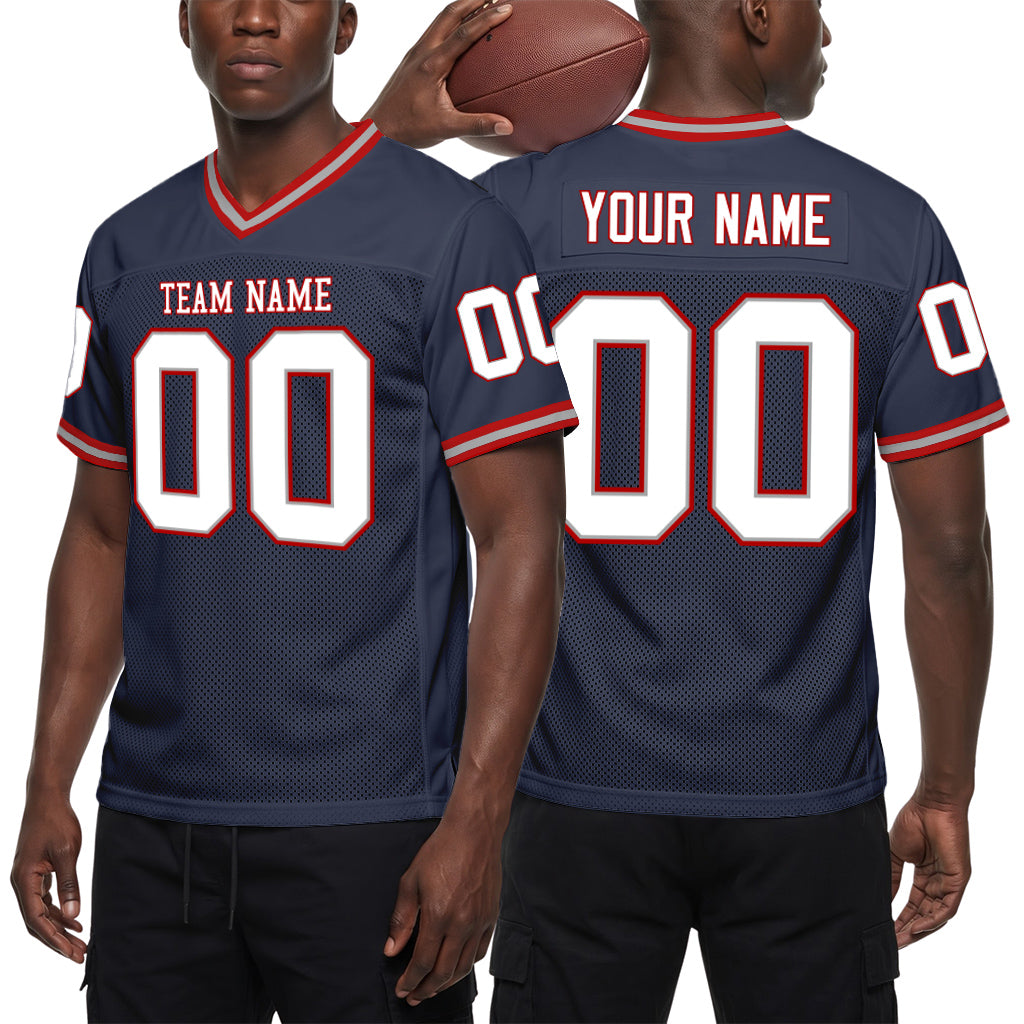 Custom Navy White-Red Mesh Football Jersey