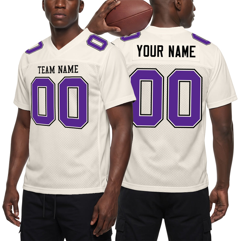 Custom Cream Purple-Black Mesh Football Jersey