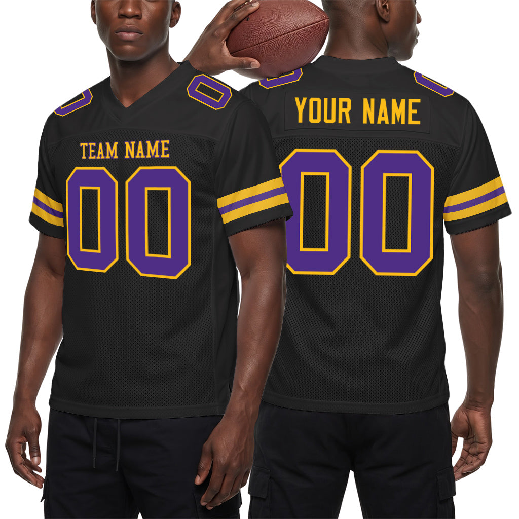 Custom Black Purple-Gold Mesh Football Jersey