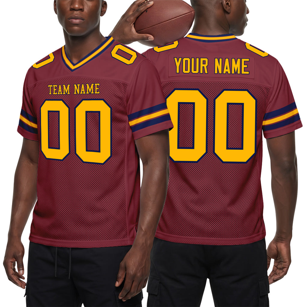 Custom Burgundy Gold-Navy Mesh Football Jersey