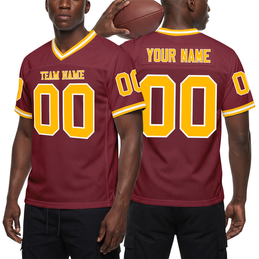 Custom Burgundy Gold-White Mesh Football Jersey