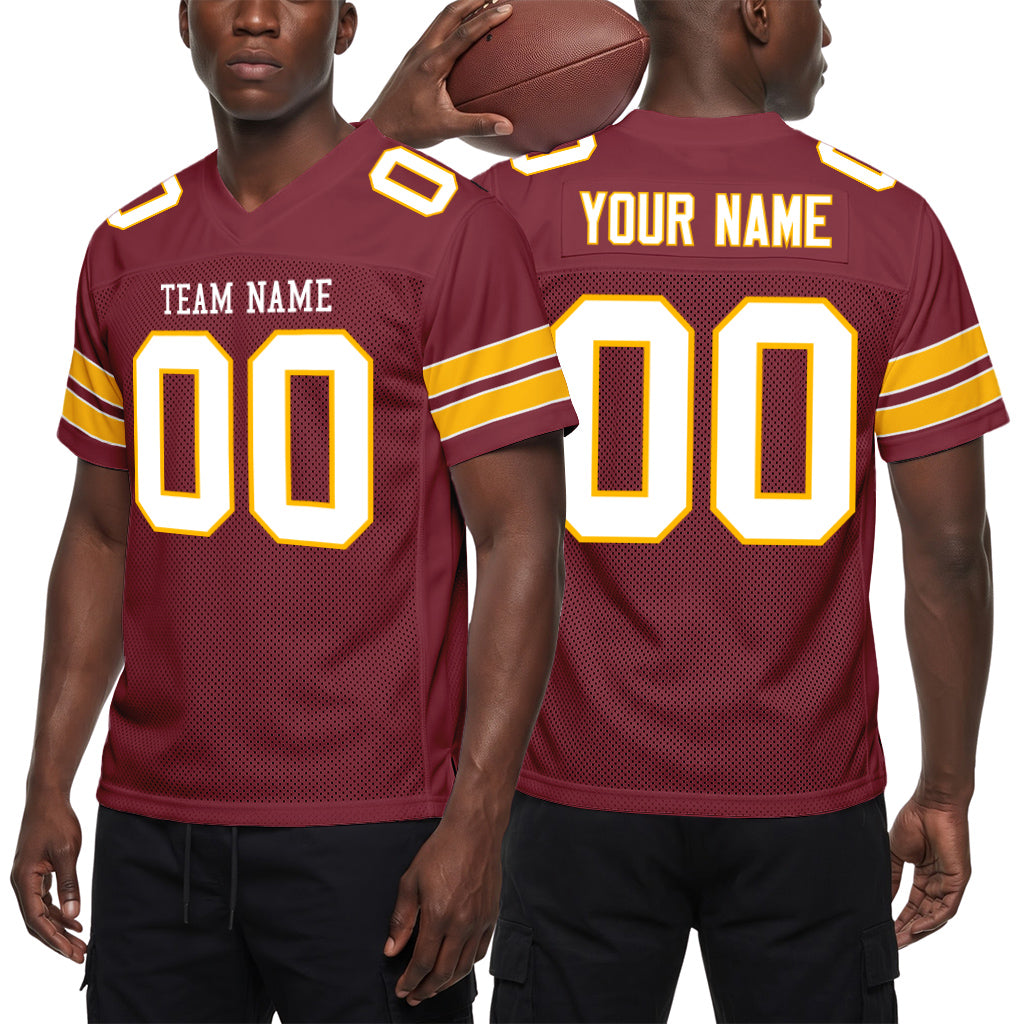 Custom Burgundy White-Gold Mesh Football Jersey