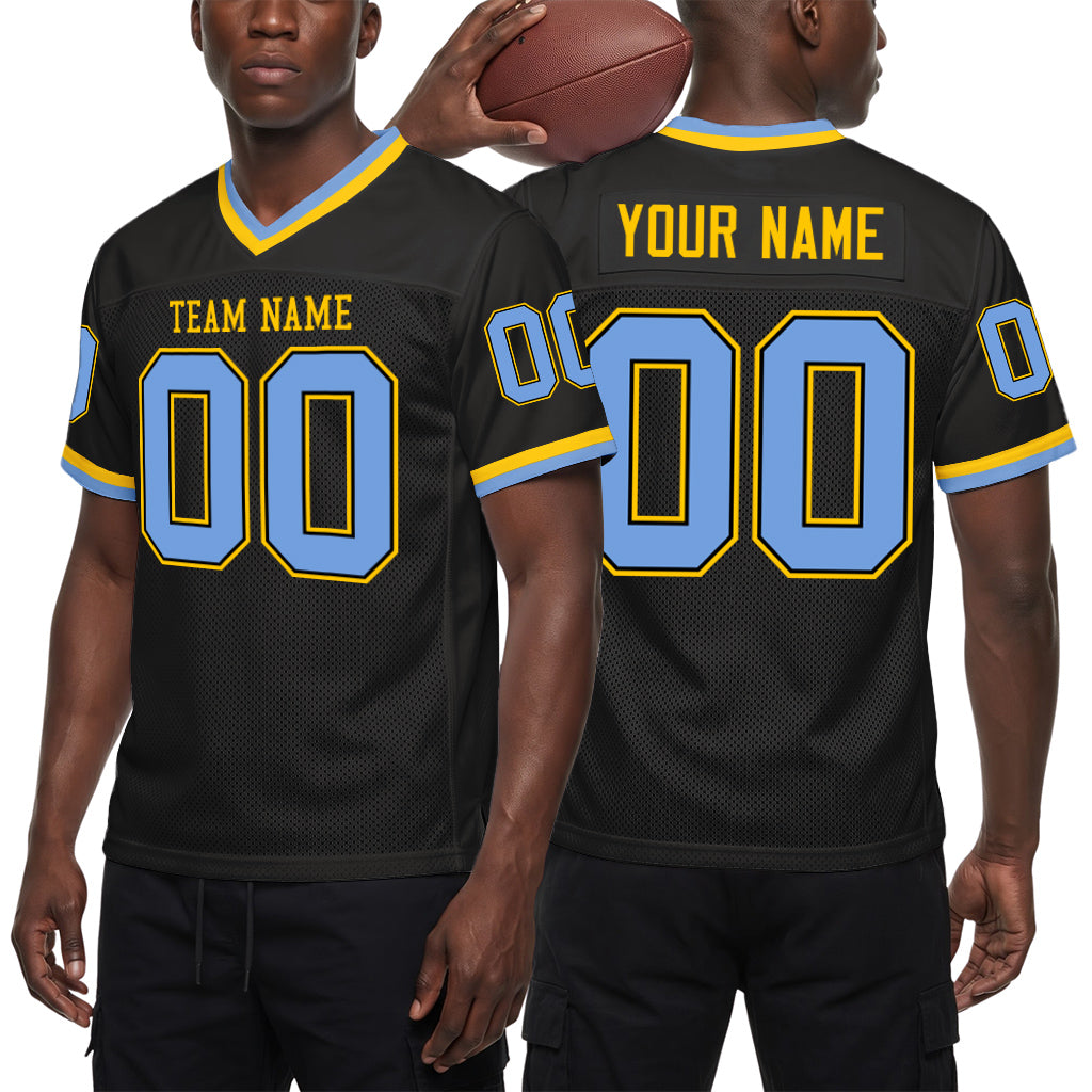 Custom Black Light Blue-Gold Mesh Throwback Mesh Football Jersey