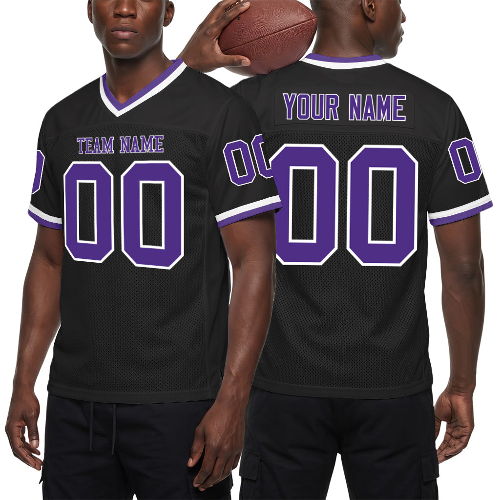 Custom Black Purple-White Mesh Football Jersey