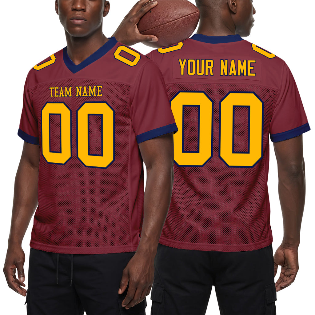 Custom Burgundy Gold-Navy Mesh Football Jersey