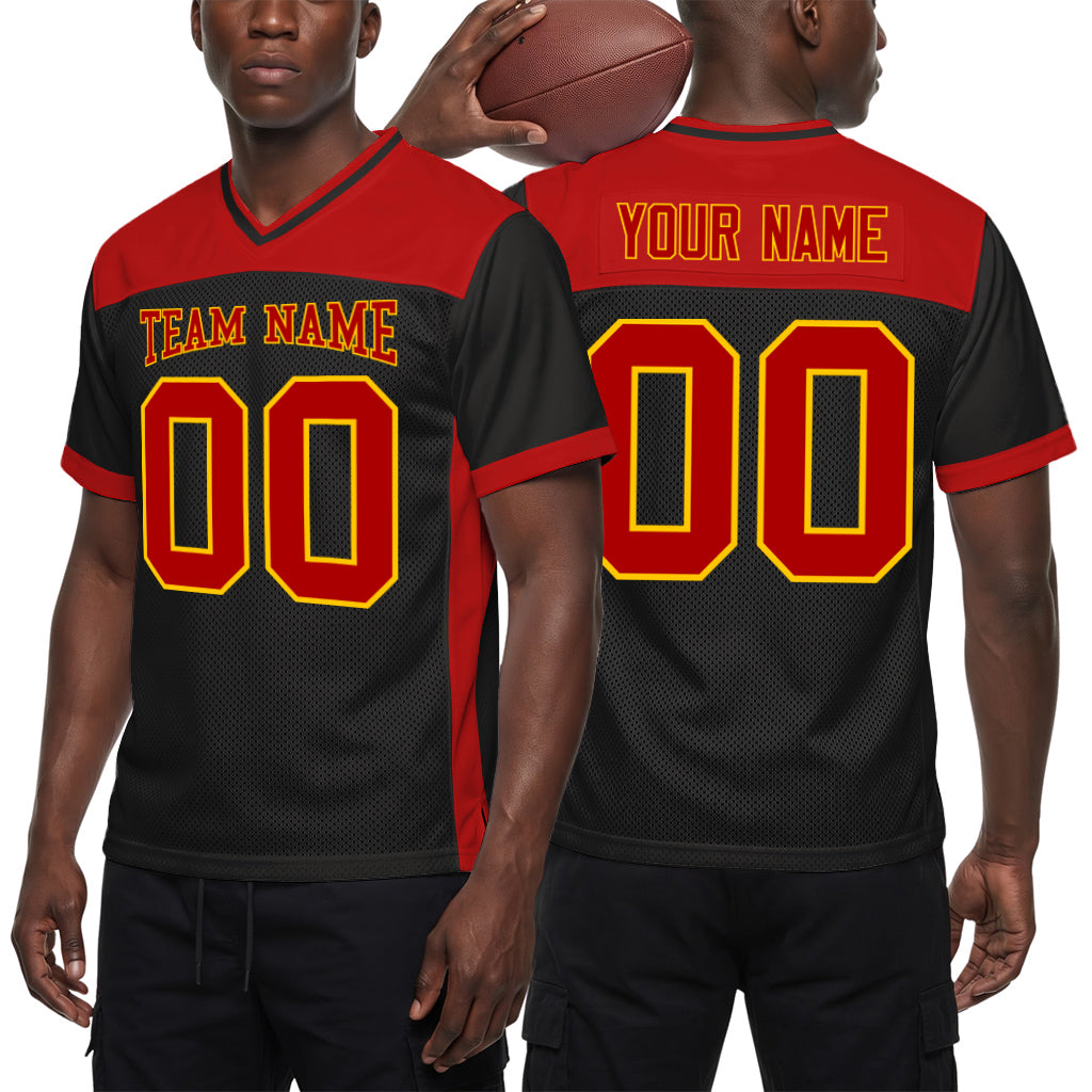 Custom Black Red-Yellow Mesh Football Jersey