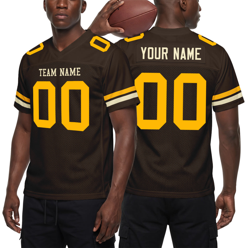 Custom Brown Gold-Cream Mesh Football Jersey