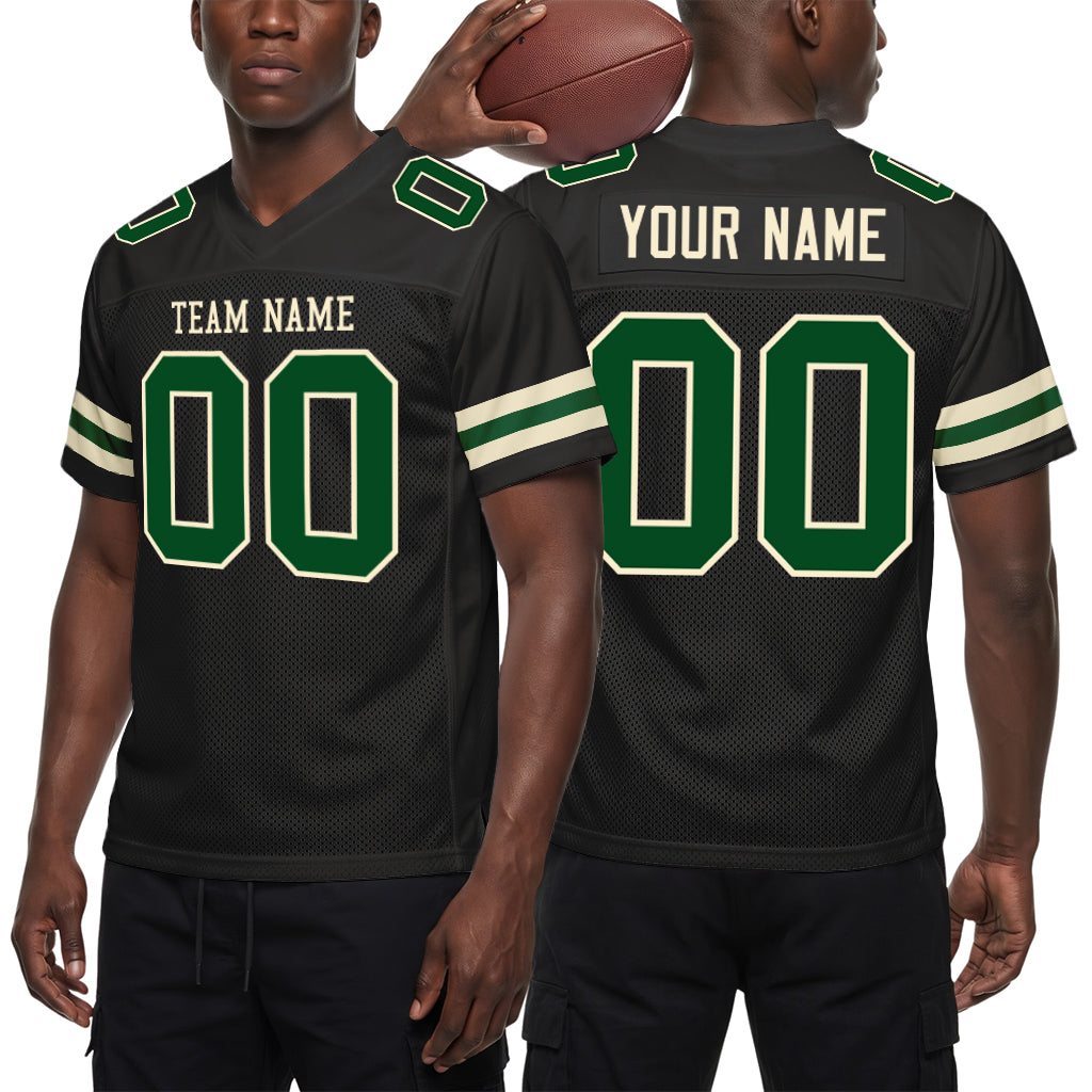 Custom Black Green-Cream Mesh Football Jersey