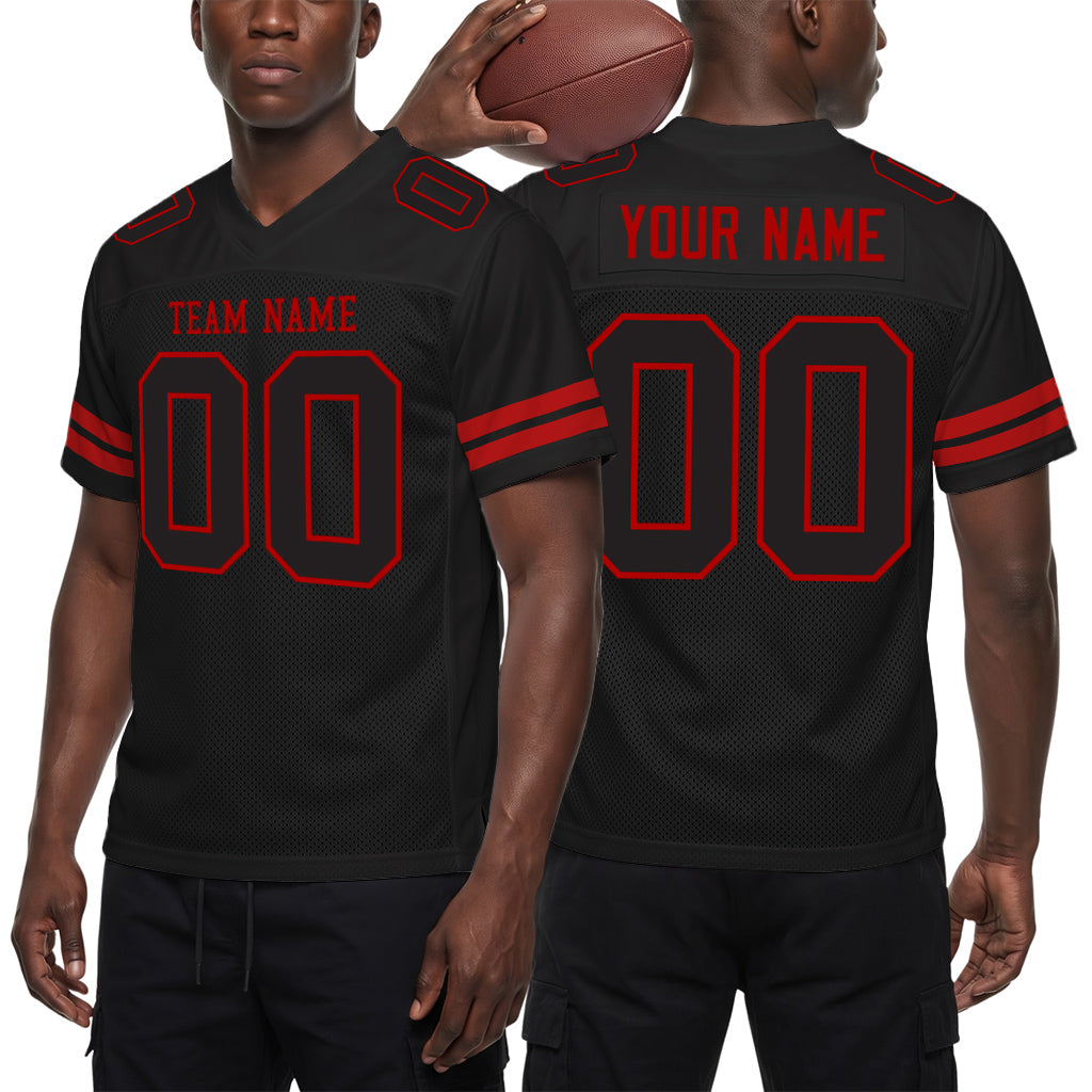 Custom Black Black-Red Mesh Football Jersey