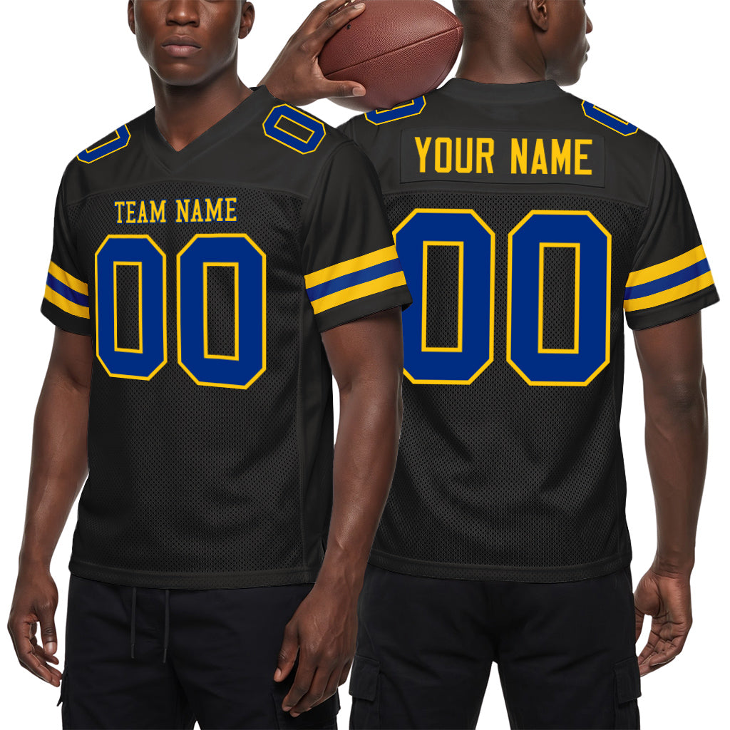 Custom Black Royal-Yellow Mesh Football Jersey