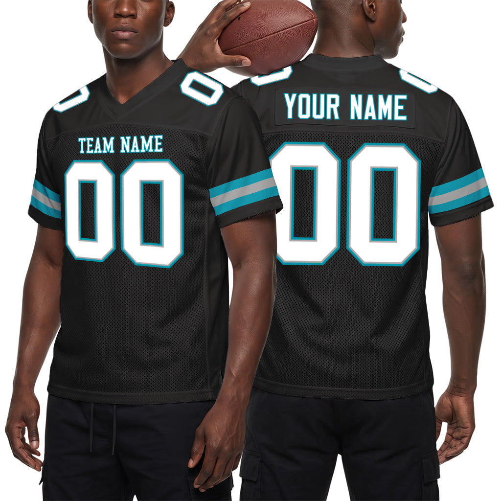 Custom Black White-Teal Mesh Football Jersey