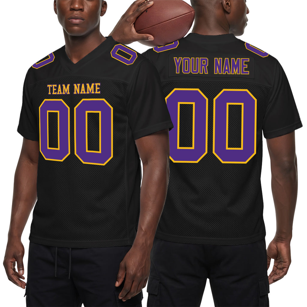 Custom Black Purple-Gold Mesh Football Jersey