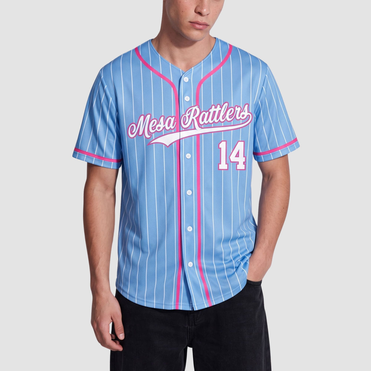 Custom Light Blue White Pink Piping Pinstripe Feature Baseball Jersey